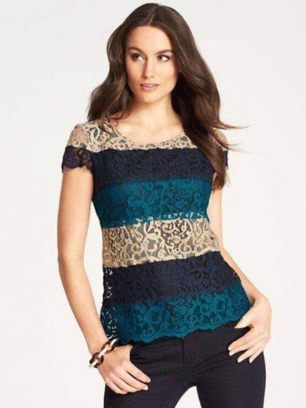 Ann Taylor Lace Stripe Cap-Sleeve Top in Navy, Teal & Cream Size XSP